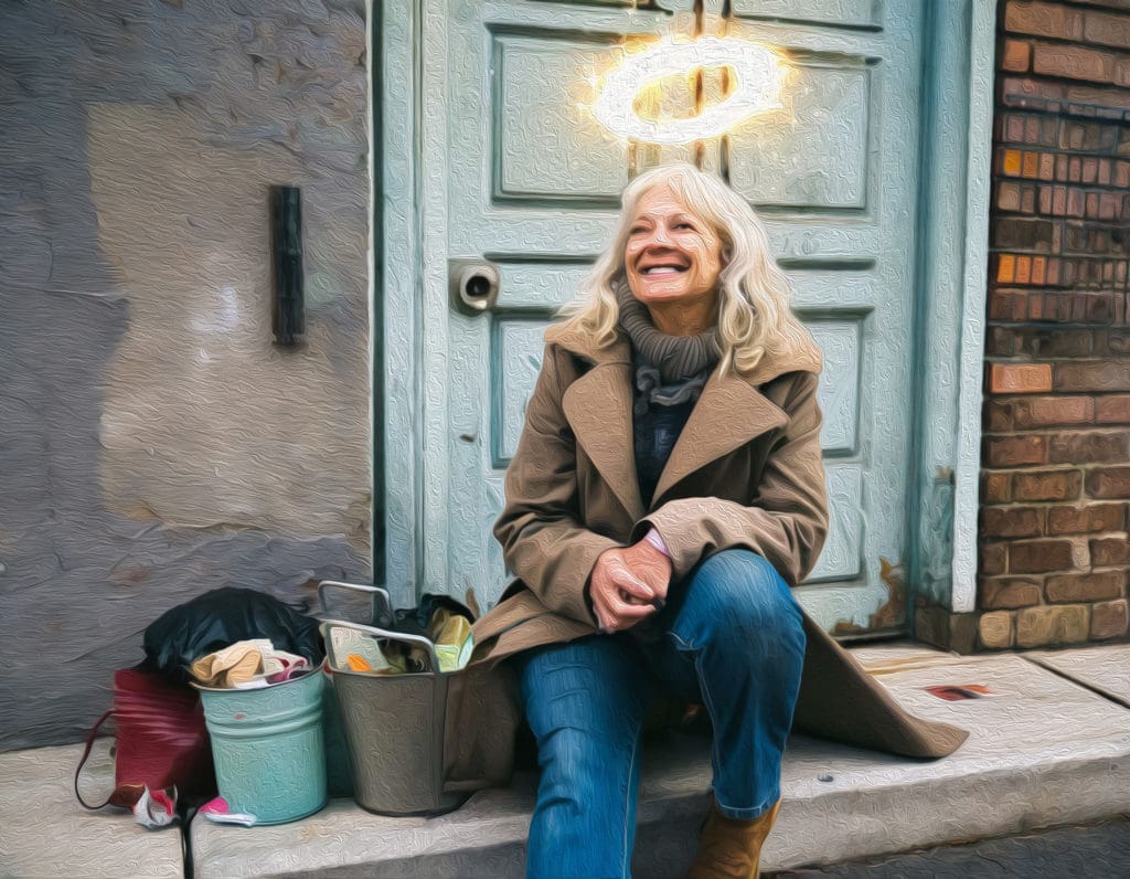 Woman with Illustrated Halo Above Her Head