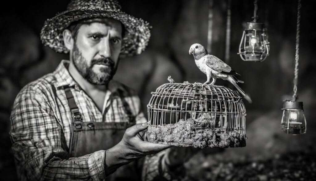 Coal miner holds a cage with a small bird perched on top.
