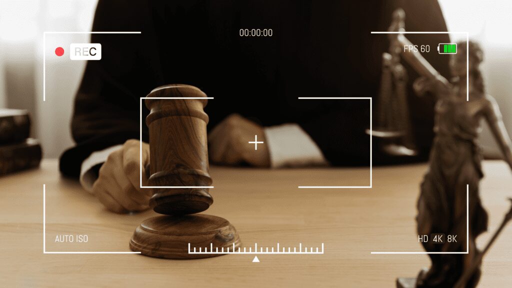 Judge with a Gavel, as viewed from a news camera viewfinder