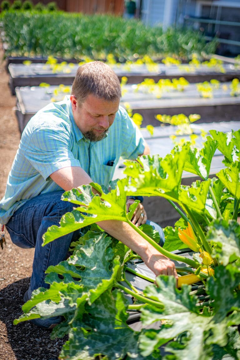 Bobby kneeling in the garden, kneeling