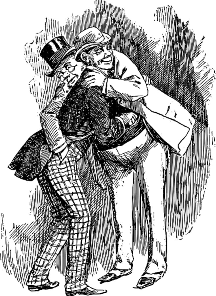 Two men hugging while one is stealing from the other's pocket