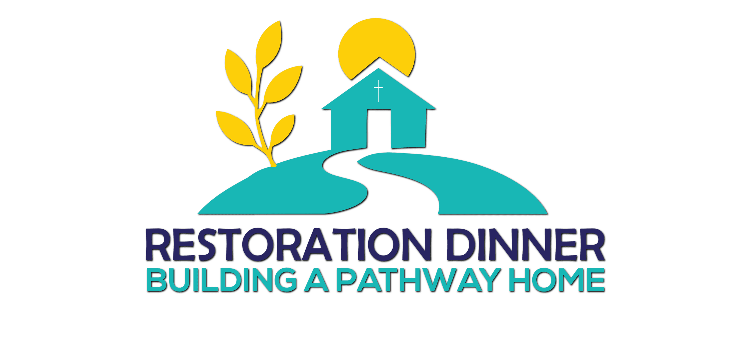 Logo for Restoration Dinner: teal church on a curved turquoise path with a yellow sun above and gold leaves to the left, plus the words 'RESTORATION DINNER' in dark blue and 'BUILDING A PATHWAY HOME' in teal below.